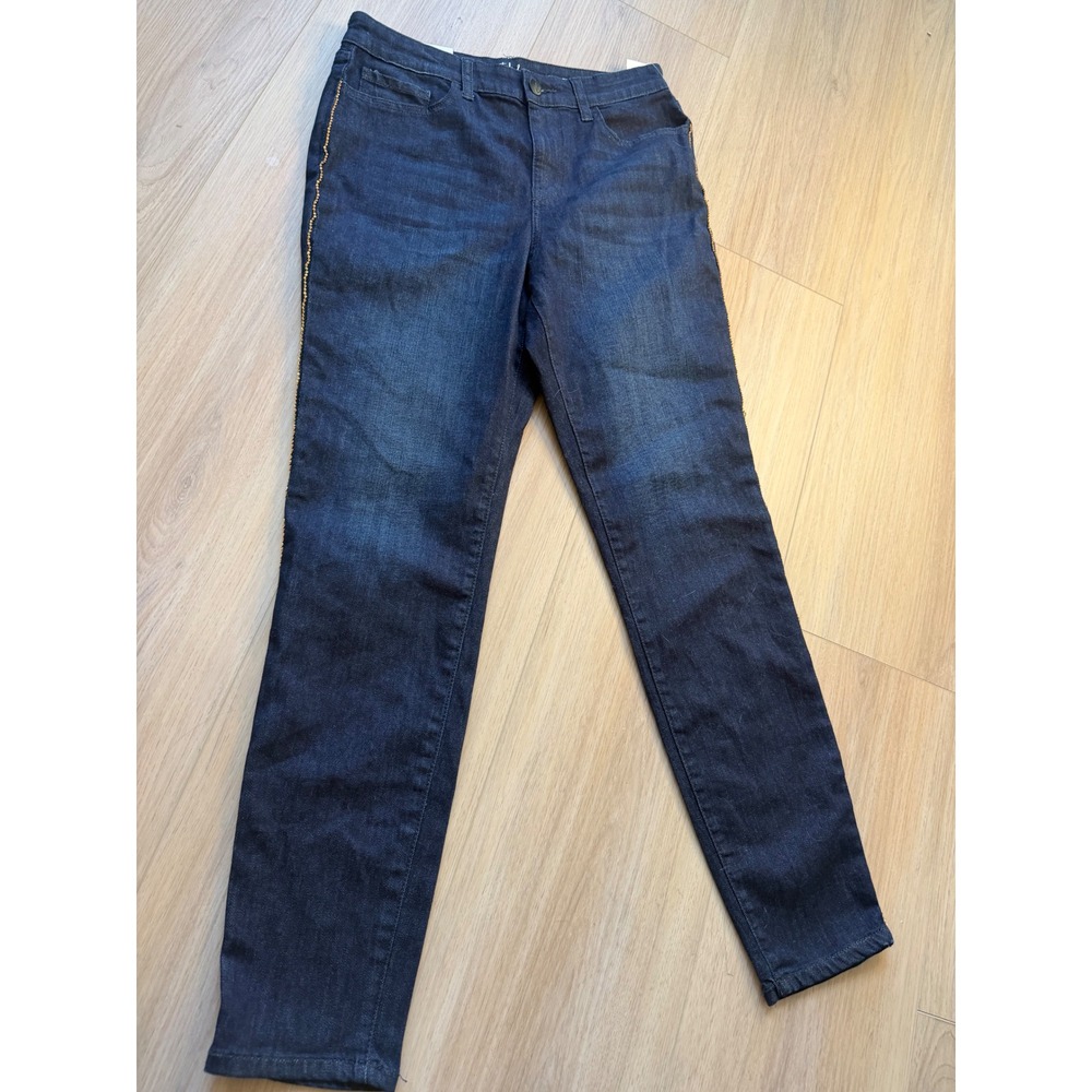 Core Fashion Athena Skinny Leg Jeans Dark Wash Gold Chain Trim Size 10 NEW